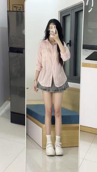Product Review of BARE_(Có size)Áo kiểu nữ sơ mi dài tay kẻ sọc chất đũi  màu xinh pastel, áo somi phom rộng tay dài_ A281 Women Top Nhung Kem Voi Sen from Q**. 0