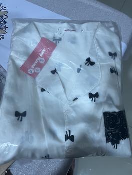 Product Review of M101 NHỌ PYJAMAS Bộ mặc nhà tiểu thư dài tay , có phối ren , hoạ tiết NƠ ĐEN chất lụa tơ tằm  . Ảnh tự chụp ( nền trắng kem mang bra cùng màu ) from m**👀 0