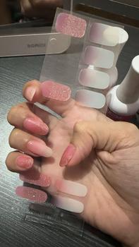 Product Review of Harunouta Sparkly Shinning Gradient Semi Cured Gel Nail Strips Full Cover Nail Stickers Need UV Light Cured French Solid Color Design Press on Nails from M**i 1