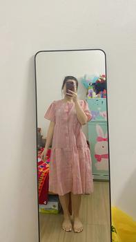 Product Review of [Nhà Moom] Váy babydoll bầu kẻ hồng, tay bồng dáng suông thiết kế siêu xinh cho Mẹ Bầu from Q**🍣 0