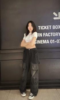 Product Review of JEANS STRAP BOX (8 Túi hộp phối đai) - Quần jeans ống rộng phủ gót chùm giày halo kaki Pants Kem Nữ Denim Ong from T**🔥 2