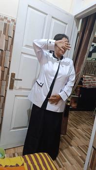 Product Review of SERAGAM KERJA DINAS HITAM PUTIH LIST MIRING ATASAN / SET ROK SPAN HTM / SET ROK A HITAM / SET CELANA PANJANG HITAM  BAHAN KATUN FREE HIJAB from Z**9 0