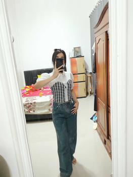 Product Review of Suzan Blouse Kemeja Mix Cotton Knit - Rajut Korea Style Atasan Wanita TM 70135 from i**a 1