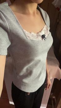 Product Review of BARE_Áo thun ôm tay ngắn vạt bầu phối ren nơ chất thun gân tăm- A363 Nữ Top Women Voi Xám Sơ Mi Đen Cổ Tròn from B** T** K** N**c ** 1