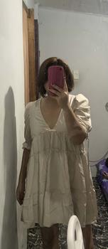 Product Review of Miss M V-neck Drawstring Elastic Sleeve Ruffle Babydoll Dress Y800 from ن** 0
