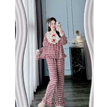Product Review of Set đồ bộ ngủ pijama đũi nhung phối cổ ren mặc nhà Ngọc Ánh Pijama cho Nữ Women Nhung Quần Ngủ pijama nơ bộ đồ Áo Ngủ đồ bộ Tim Kem Kaki from H**n T**n 0