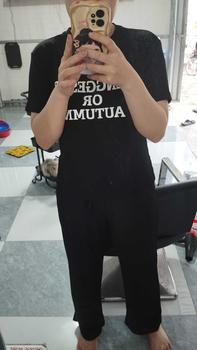 Product Review of Bộ Nữ Tăm Lạnh Quần Suông + Áo Tay Ngắn Cổ Tròn Phối Chữ Bigsize 45-75kg Women Top from H**h T** N**3 1