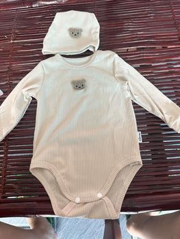 Product Review of [Kèm mũ] Bodysuit dài tay cho bé Đính Gấu, body dài tay cho bé gái bé trai chất Tăm gân mẫu quần áo sơ sinh 0-12M Jumpsuit Kem from É** 2