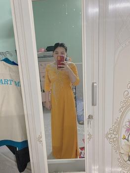 Product Review of Bộ áo dài bà sui chất liệu lụa Mỹ đính kết hạt thủ công sang trọng Trơn Thông thường Váy chữ A Thông thường Nữ Khuy Kim Tuyến Dress Women from H**🌷 0