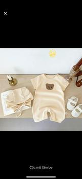 Product Review of [Kèm mũ] Bodysuit dài tay cho bé Đính Gấu, body dài tay cho bé gái bé trai chất Tăm gân mẫu quần áo sơ sinh 0-12M Jumpsuit Kem from N** N** ** 0