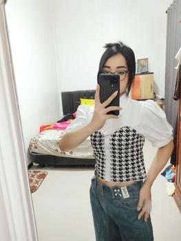 Product Review of Suzan Blouse Kemeja Mix Cotton Knit - Rajut Korea Style Atasan Wanita TM 70135 from i**a 2