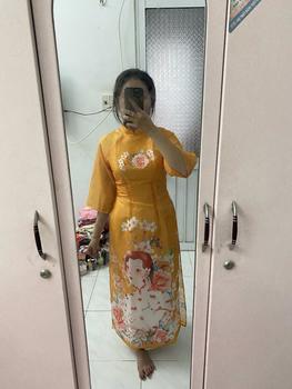 Product Review of Áo dài Hi Văn cam chất liệu tơ organza, áo dài truyền thống cổ trụ 2p tay xòe họa tiết in 3D Nữ Women Dress from R**a 0