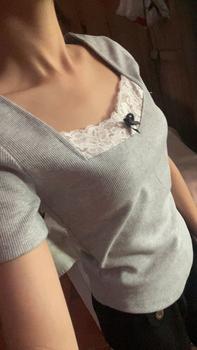 Product Review of BARE_Áo thun ôm tay ngắn vạt bầu phối ren nơ chất thun gân tăm- A363 Nữ Top Women Voi Xám Sơ Mi Đen Cổ Tròn from B** T** K** N**c ** 0