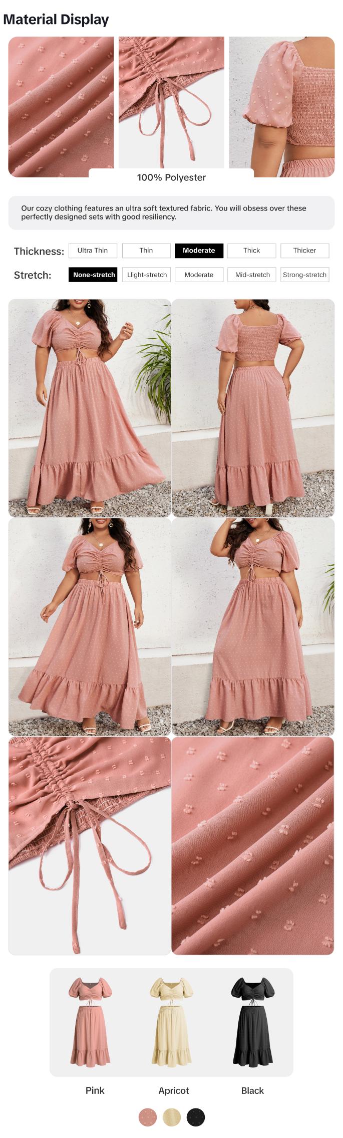 Product Introduction of CURVZY Plus Size Ruched Shirred Puff Sleeve Blouse & Ruffle Hem Skirt Set, Boho Swiss Dot Drawstring Sweetheart Neck Top & Long Skirt For Beach, Co Ords for Women, Women's Two-Piece Outfits For Summer & Autumn 1