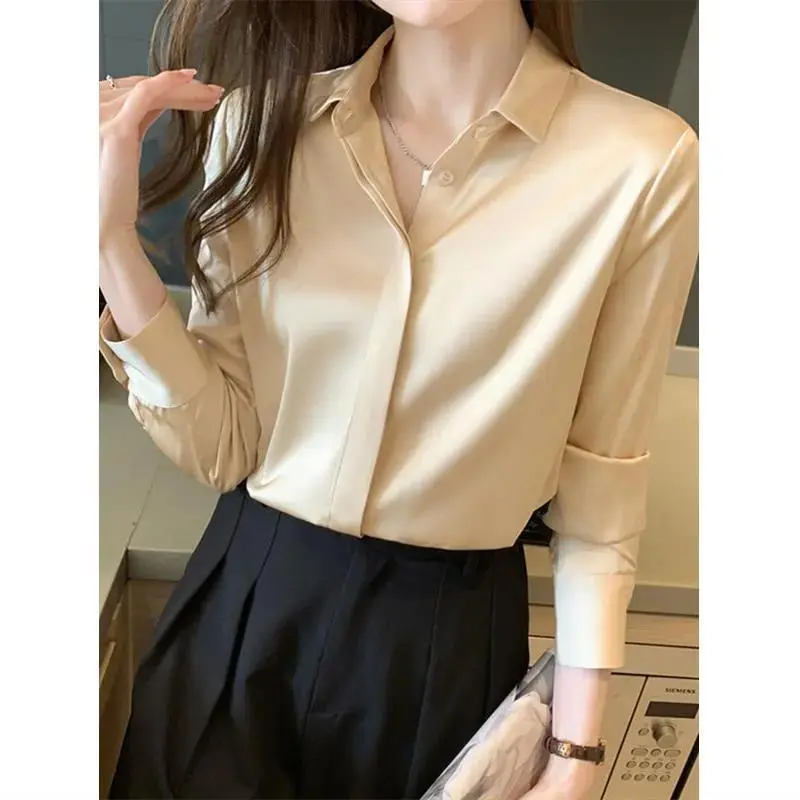 Áo Sơ Mi Cao Cấp, Sang Trọng Nặng, 35 Momme Lụa Giả Crepe Satin, Dành Cho Nữ, Tay Áo Dài, Dáng Rộng Vừa Vặn, Thanh Lịch, Thích Hợp Đi Đi Lại, [1165 Đánh Giá Tích Cực]