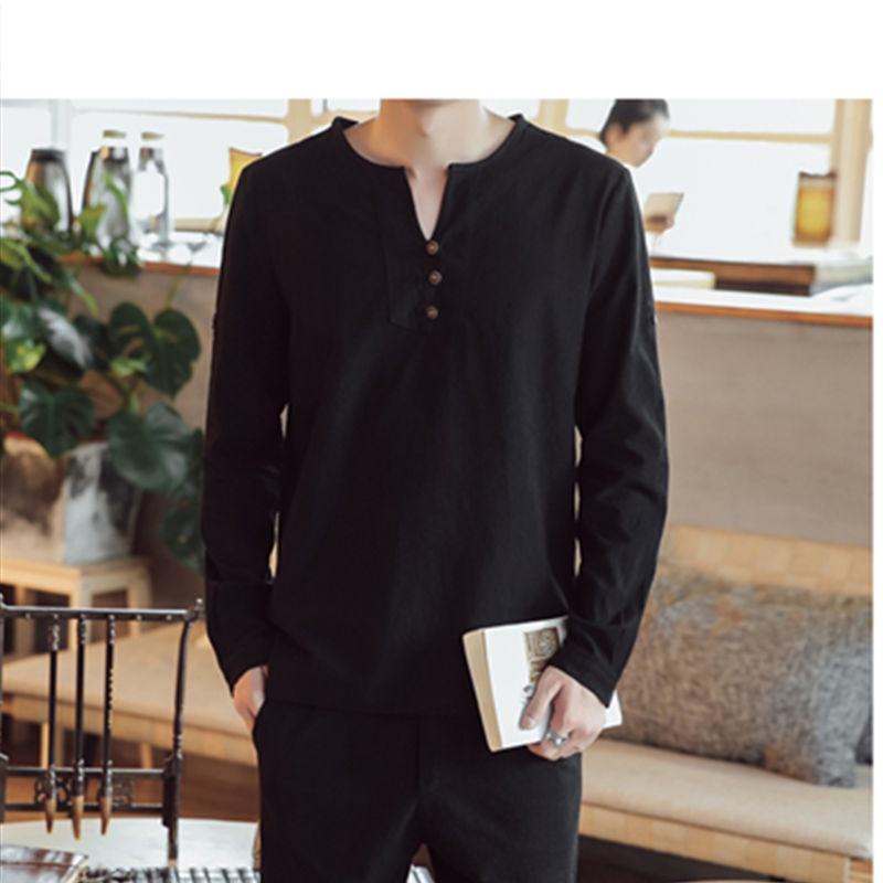 Men's Oversize Summer Cotton Linen V-Neck Chinese T-shirt with Long Sleeves - Plus Size 2