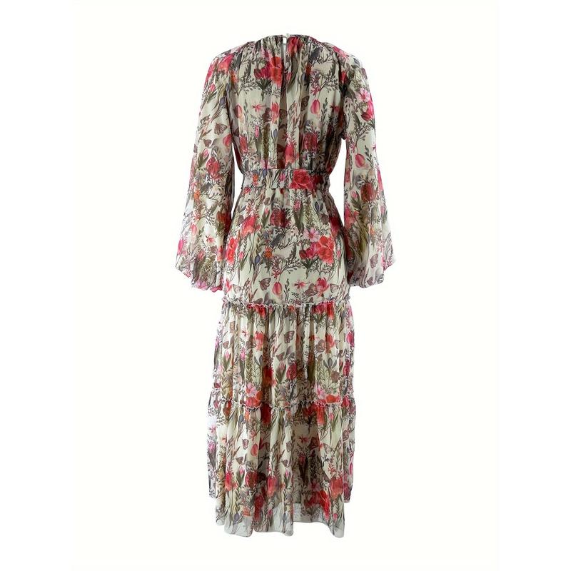Elegant Floral Print Long Sleeve Kaftan Dress - Casual Polyester Maxi with Tie-Waist Detail, Machine Washable - Perfect for All Seasons 3