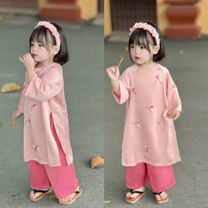 6-25kg Áo Dài Tết Bé Gái Lụa Trơn Đính Nơ Cách Tân Lụa Ngọc Trai Cao Cấp KO KÈM BỜM