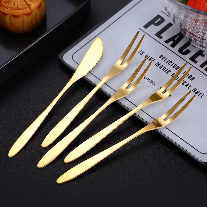 Nĩa Trái Cây, Chất Liệu Thép Không Gỉ, Thích Hợp Dùng Làm Món Tráng Miệng Và Bánh, Nĩa Dao Bánh Trung Thu Vàng, Nĩa Trái Cây