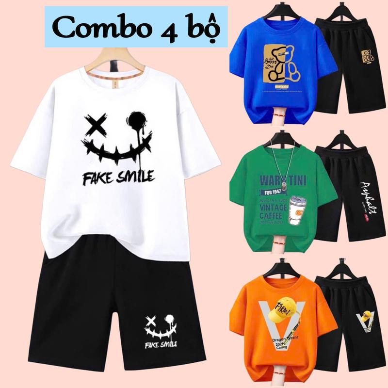 Combo 4 Bộ quần áo bé trai mùa hè size đại từ 17 đến 40kg, chất thun co giãn, mềm mát, phong cách Hàn Quốc cho bé trai từ 5 đến 14 tuổi, dáng quần đùi áo cộc tay thể thao. quần  áo đồ