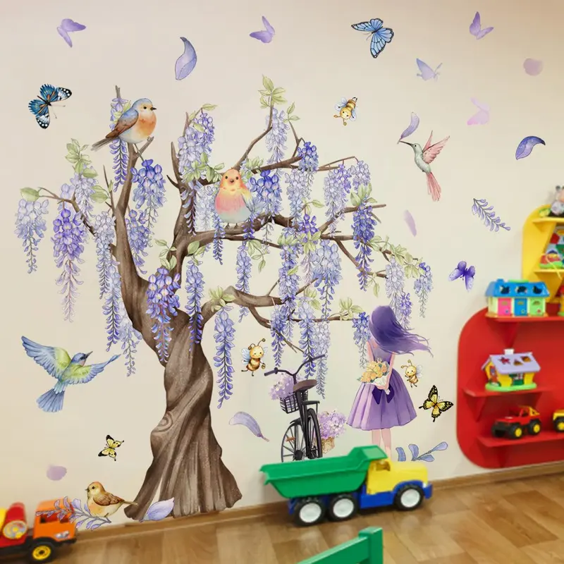 Cartoon Girl & Bird & Wisteria Tree Pattern Pattern Wall Sticker, 4counts/set Cute Decorative Stickers, DIY Wall Decor for Home Living Room Bedroom Kindergarten 0