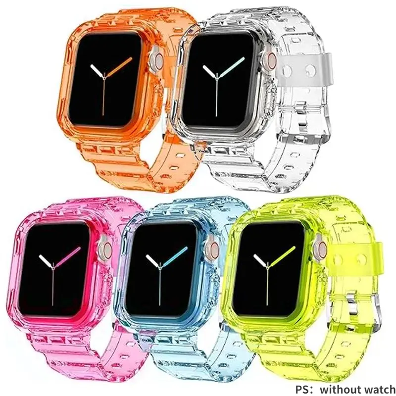 Sarung + Jalur Jelas, Serasi dengan Apple Watch Siri 10, 9, 8, 7, 6, SE, 5, 49mm, 45mm, 44mm, 42mm, 46mm, 41mm, Lutsinar, iwatch 3, Saiz 38mm dan 40mm, Tali Plastik