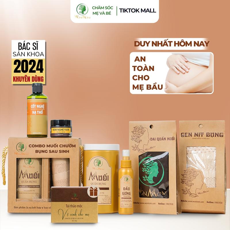 (Tặng 1 Món) - Combo Ở Cữ Tiết Kiệm Cho Mẹ Wonmom (1 combo muối quấn bụng sau sinh+1 kem nghệ tươi+1 cốt nghệ hạ thổ+1 túi thảo mộc vệ sinh)