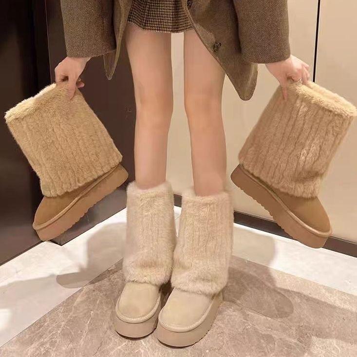 Bốt nữ cổ lông xỏ chất da lộn đế bánh mì đi tuyết mùa Đông 0