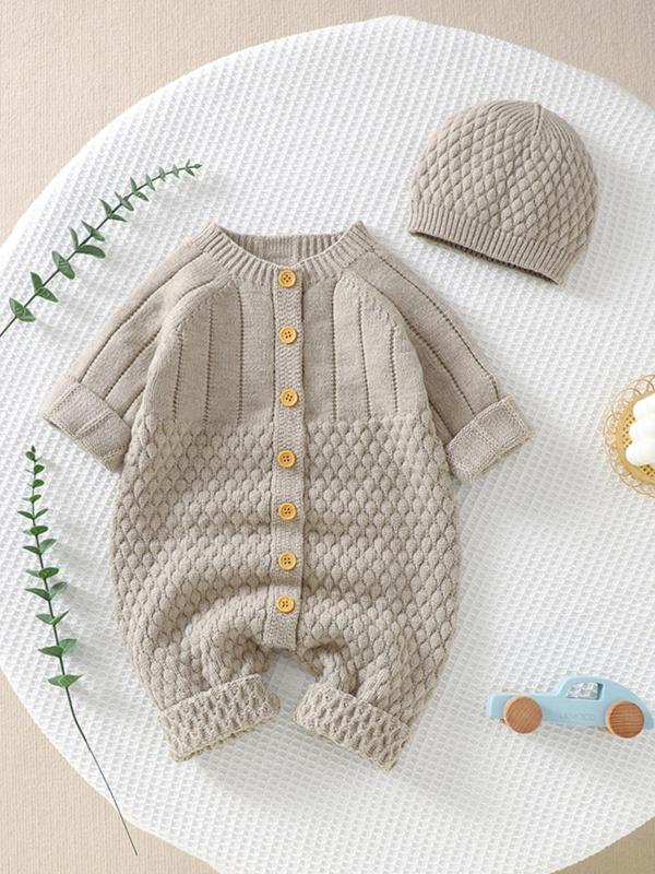 Baby's Solid Long Sleeve Button Front Sweater Onesie & Beanie Hat, Cute Raglan Sleeve Round Neck One-piece Knitwear Set, Newborn Infant Kid's Fall & Winter Clothes, Two Piece Set Winter Co Ord Sets, Baby Clothes, Baby Clothing Winter 1