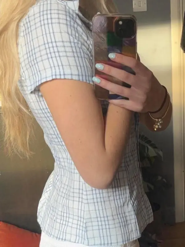 Women's Plaid Blouse, Casual Slim-fitting Short Sleeve Collar Top for Summer, Women's Clothes for Daily Wear, Skinny Womenswear, Classy Tops, Clothes for Women 7