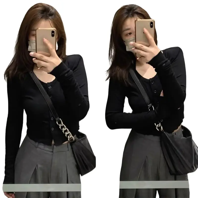 Áo Croptop Dài Tay Cúc Giữa Cực Xinh Phong Cách Hàn Quốc Mới Nhất B2 Sơ Mi Nữ Nhung Voi Thun 1