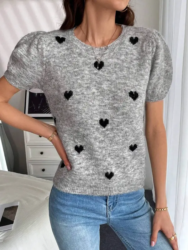 Women's Heart Print Crew Neck Sweater, Casual Short Sleeve Jumper for Daily Wear, Ladies Knitwear for Summer 5
