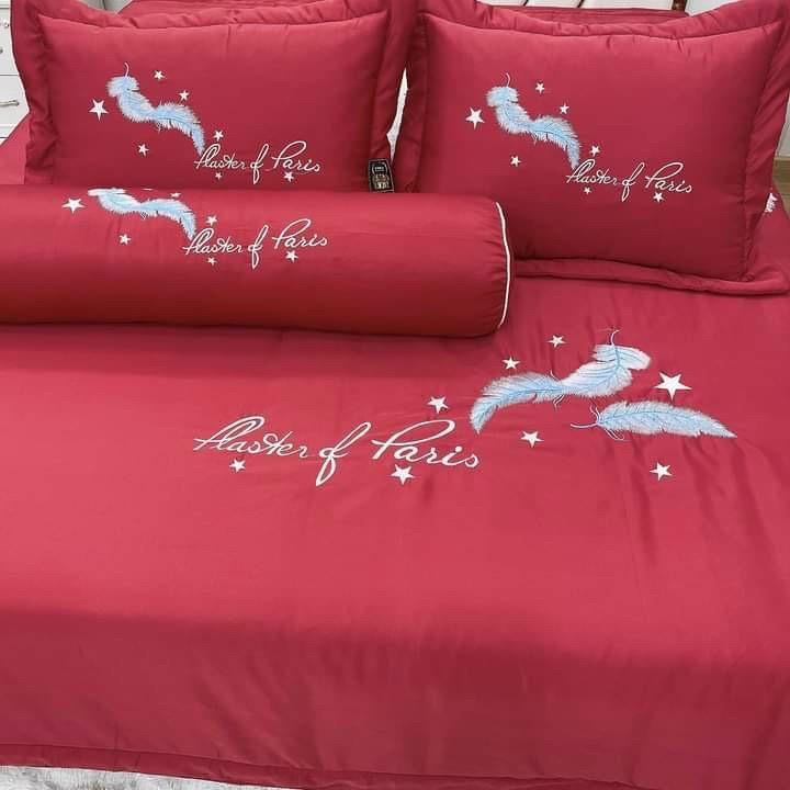 Bộ Chăn Ga Gối 5 Món Phi Lụa, Bộ Chăn Ga Phủ Giường Trần Bông Thêu Hoa mềm mát, dày dặn đủ mọi kích thước