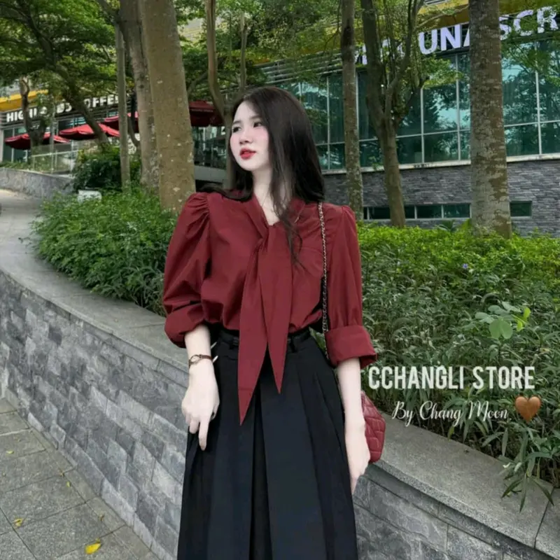 Sét bộ váy 3 món Nữ chất cotton lạnh dáng dài xòe maxi thiết kế áo sơ mi dài tay cột nơ cổ kèm đai lưng tiểu thư xinh đẹp mặc đi chơi hẹn hò ăn uống Văn phòng thanh lịch  Women Dress 5