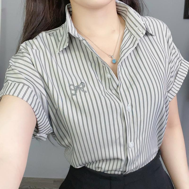 Áo Sơ Mi Nữ Ngắn Tay Dáng Rộng Chất Kate Thêu Nơ AMI39 minu