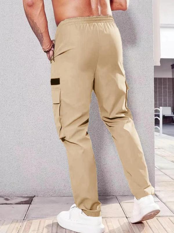 Men's Solid Color Cargo Pants, Regular Fit Casual Comfy Elastic Waist Trousers for Daily Wear, Men's Bottoms for All Seasons, Beige 4