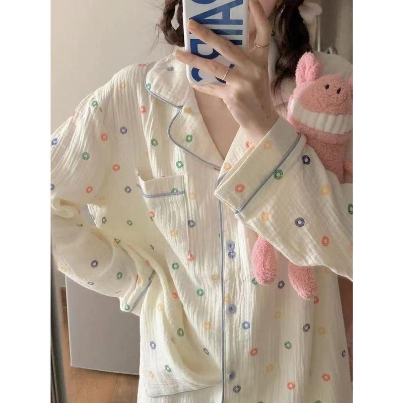 Bộ Đồ Ngủ Chấm Bi Nhiều Màu Sắc Cho Nữ, Đồ Ngủ Trẻ Trung, Dễ Thương Và Ngọt Ngào, Quần Dài Tay Mới, Đồ Mặc Nhà Thường Ngày Dáng Rộng, Mùa Xuân Và Mùa Thu