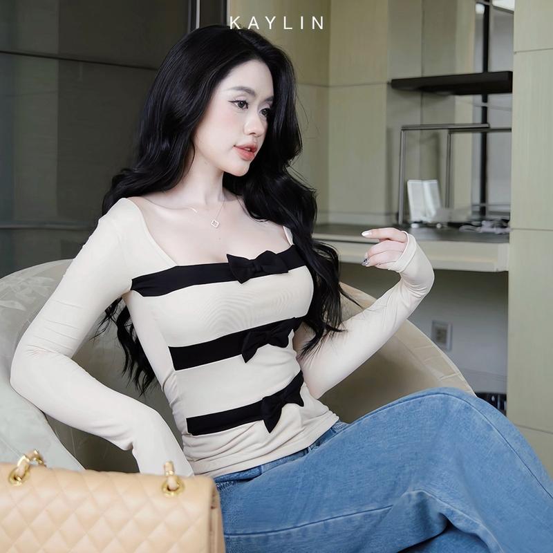 Áo kiểu KAYLIN tay dài cổ vuông phối nơ chất vải cotton lụa co giản thoải mái phong cách - N2306 Nữ Women Top Thun