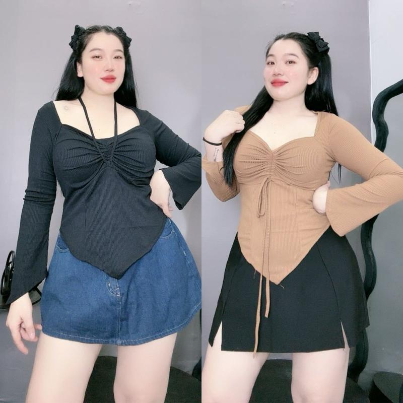 Áo tay dài ôm body tà nhọn hack eo , áo chất thun gân dai co dãn tốt có rút dây sang chảnh-G49 Top Nữ Sơ Mi Cổ Tròn Hồng Women