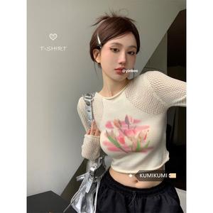 เสื้อสเวตเตอร์แขนสั้นพิมพ์ลายกลวงออกสำหรับผู้หญิง เสื้อผ้าขนาดบวก y2k ดีไซน์ใหม่ ป้องกันแสงแดดฤดูร้อน สลิมมิ่ง สาวร้อน เสื้อสั้น