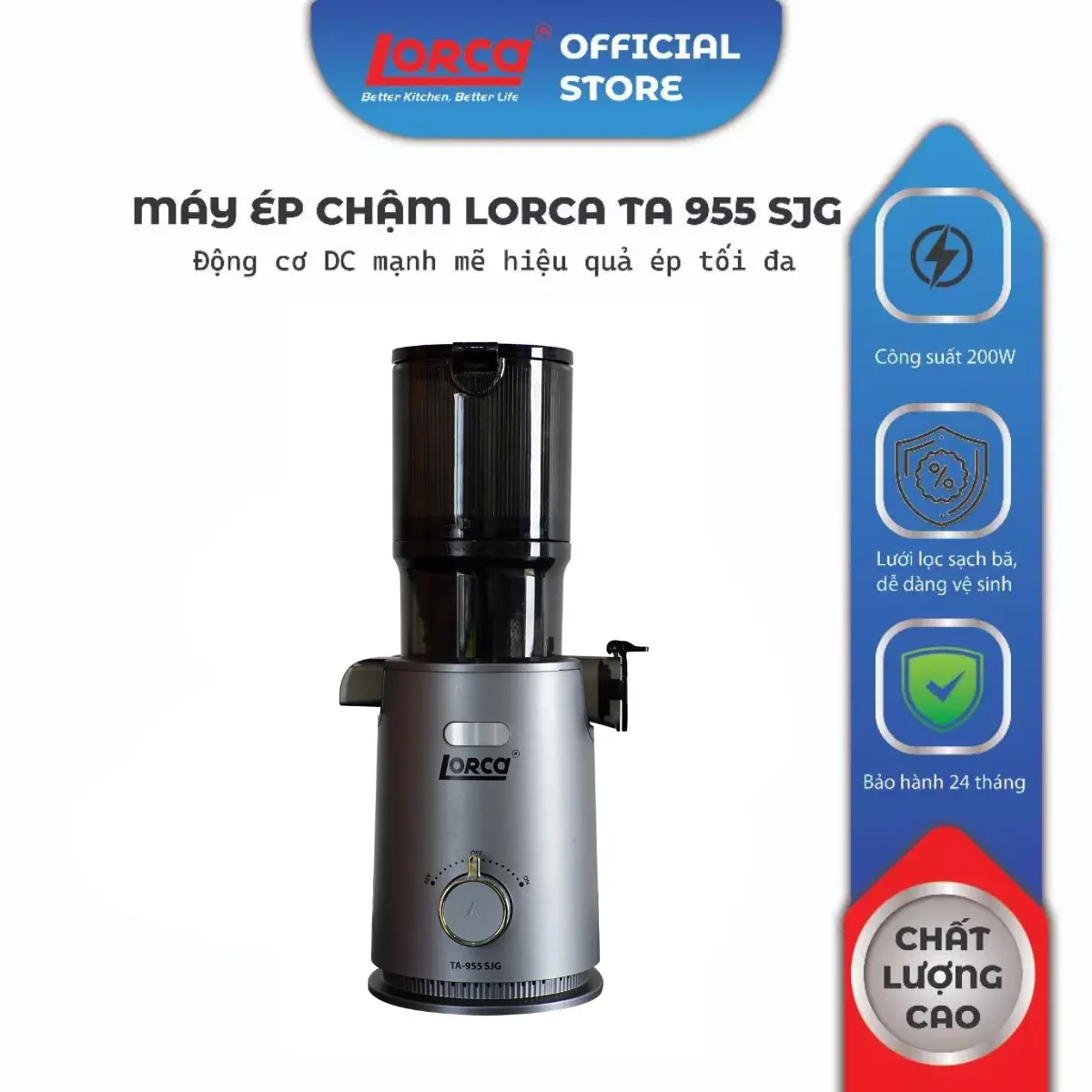 Máy ép chậm Lorca TA 955 SJG Làm Kem Ép Trái Cây Nguyên Quả Kiệt Bã Dung Tích 0,6L Làm Nước Ép Bảo Hành 2 năm