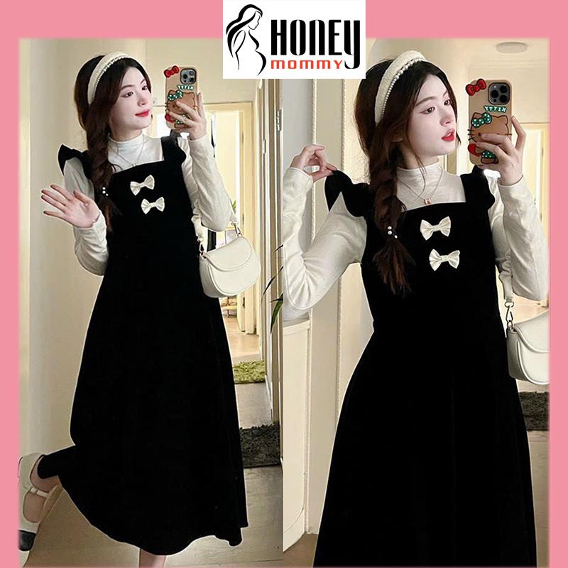 Set Váy Yếm Bầu Nhung Phối Nơ Phong Cách Dễ Thương Dài Tay Thu Đông HD4502 Honey Mommy