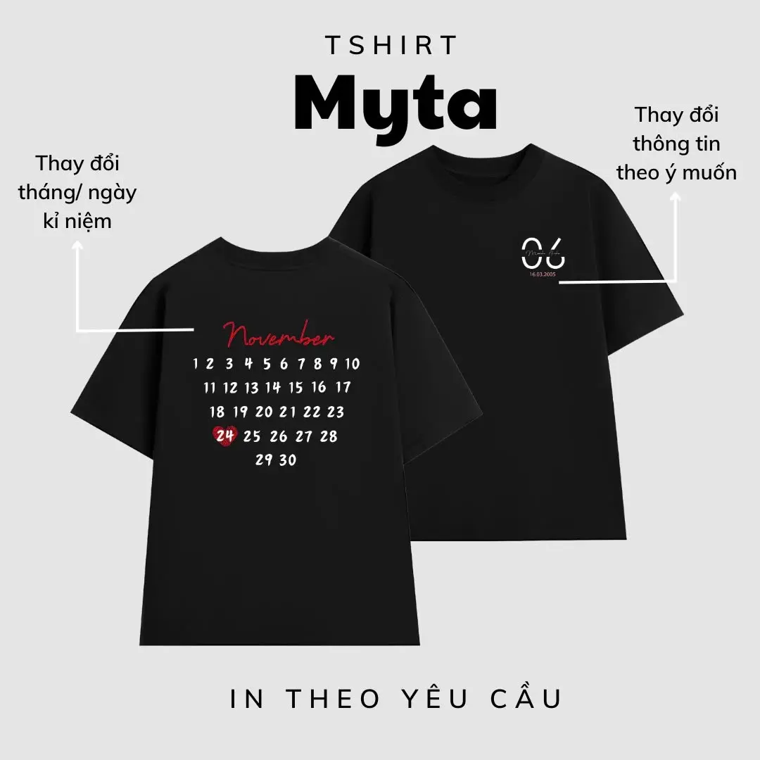 Áo thun nam nữ đơn đôi in ngực - kèm lịch mặt sau theo ngày/ tháng yêu cầu