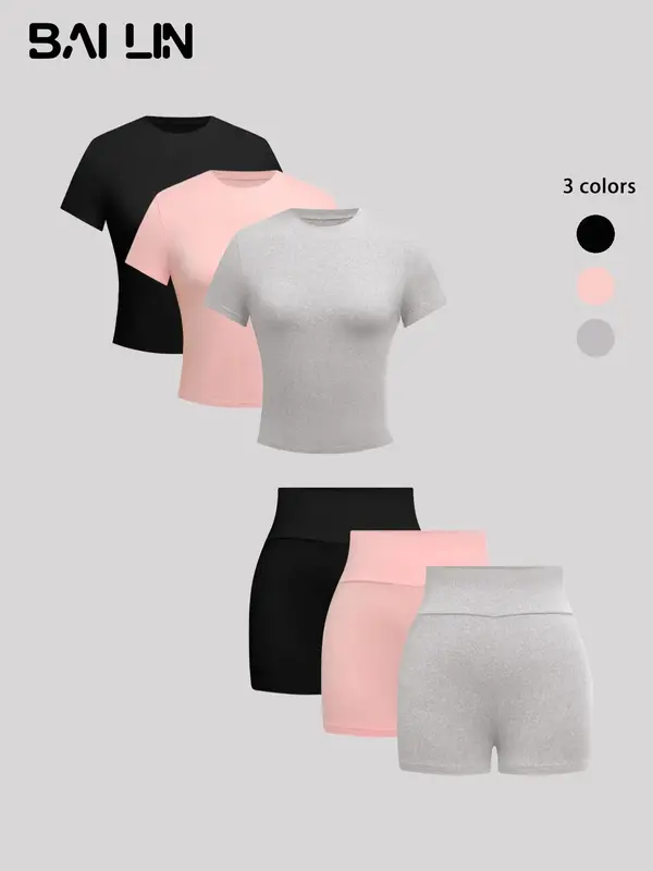 Women's Solid Round Neck Tee & Skinny Shorts Set, Casual Short Sleeve T-shirt & Short Leggings, Ladies Summer Clothes, Matching Set 0