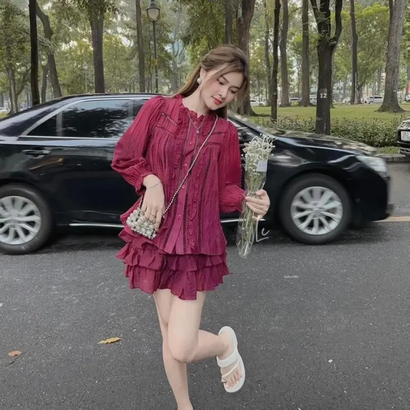 (Full-size 40 – 90Kg) SET ĐỒ BỘ NỮ 4 MÀU DÁNG BABYDOLL TAY DÀI ÁO VIỀN REN BÈO QUẦN GIẢ VÁY TẦNG CHẤT ĐŨI XỐP 135130 Top Women 3