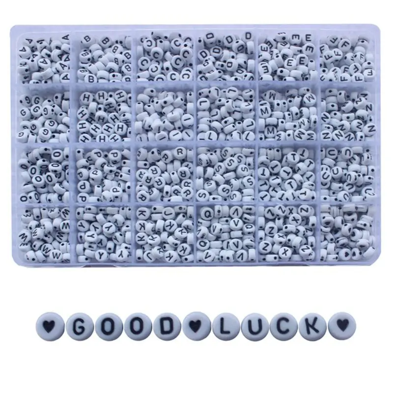 RUNZE 1200 Pieces A-Z Letter Alphabet Heart White Round Acrylic Beads for DIY Jewelry Making Crafts Name Bracelets Necklace with Storage Box