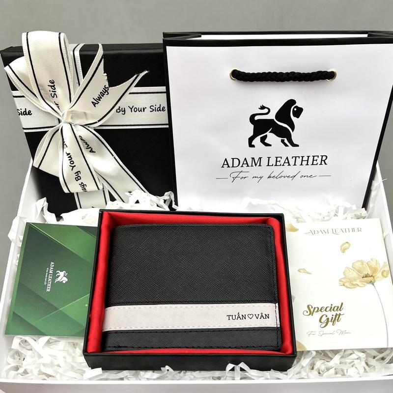 [QUÀ TẶNG NAM GIỚI ] Ví nam khắc tên theo yêu cầu có khoá kéo A dam Leather - tặng kèm hộp nơ, túi, thiệp thích hợp làm quà tặng bạn trai, chồng, bố v í vínam Kem Wallet Đồng Chữ Nhật