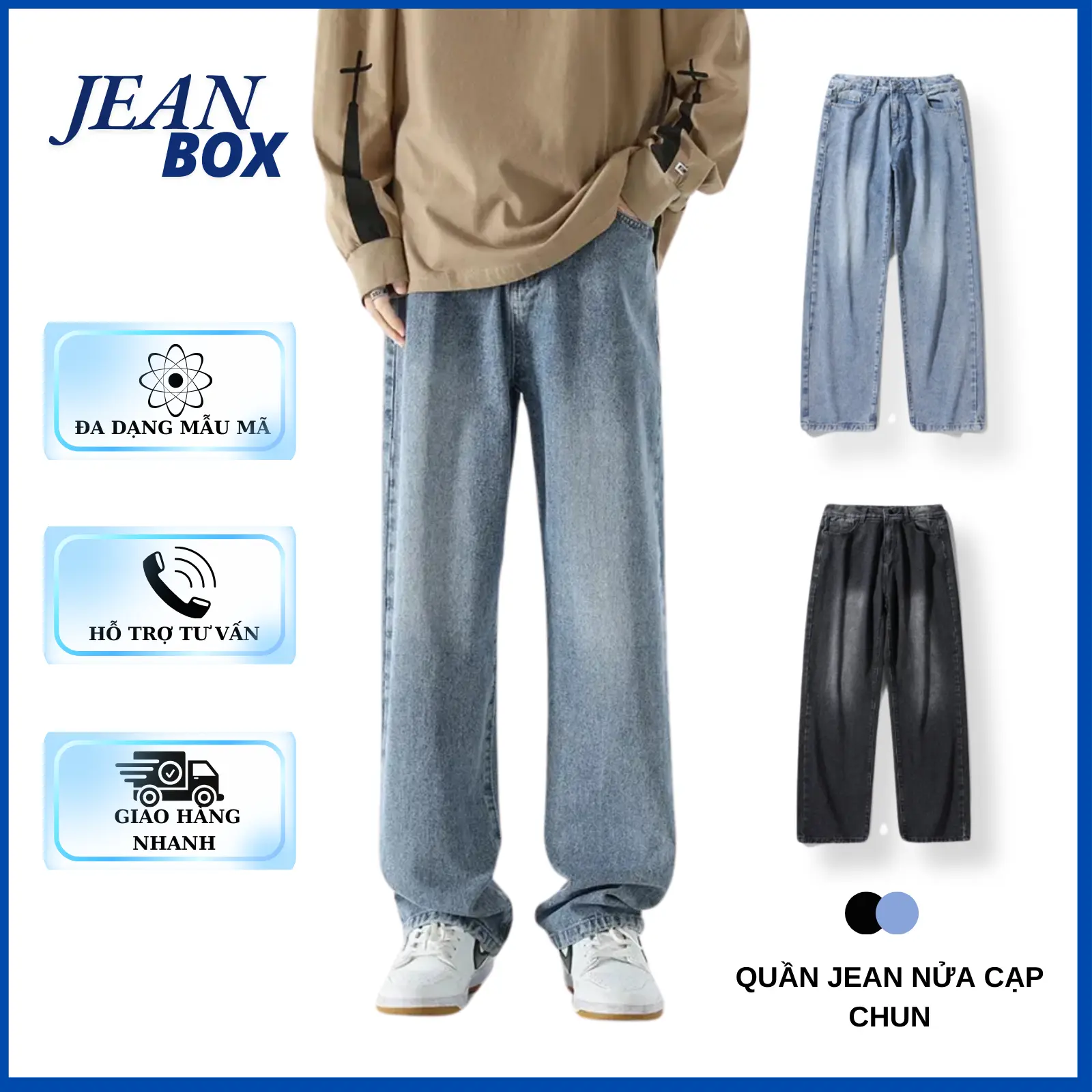 Quần jean ống suông NỬA CẠP CHUN nam nữ JEAN BOX 117 Túi đa dụng, màu sắc đa dạng Menswear Pants Có Túi