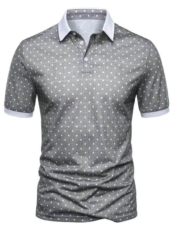 Men's Regular Fit Polka Dot Print Contrast Binding Polo Shirt, Casual Short Sleeve Button Front Top for Spring & Fall, Fashion Men's Clothes for Daily Wear 3