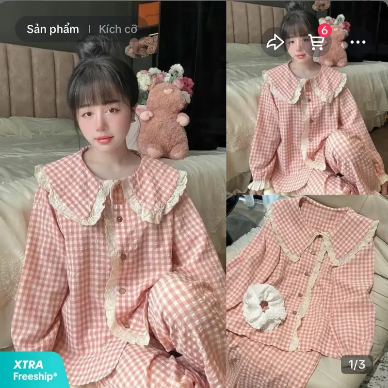 Sét bộ ngủ kẻ đũi cổ sen viền ren tay dài quần dài (37_58kg) Nữ 0